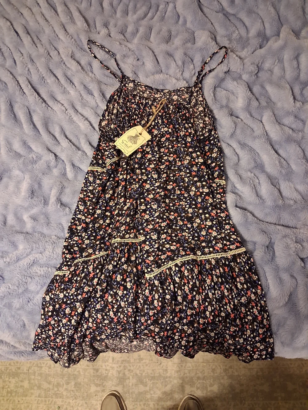 Easel Floral Navy Summer Slip Dress with Lace Trim And Adjustable Straps (Meas) - Picture 2 of 12